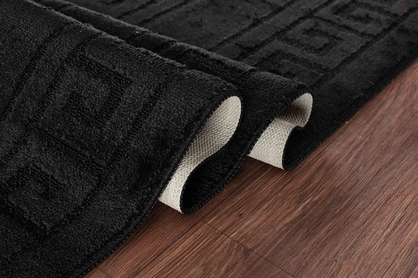 Washable 9mm Gel-Back Ivy Greek Key Black Rug