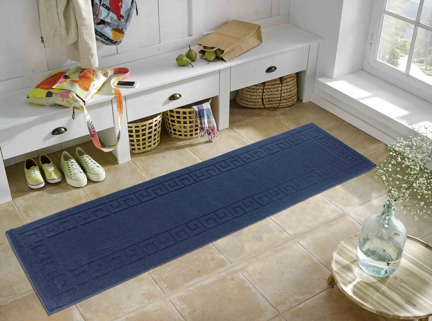 Washable 9mm Gel-Back Ivy Greek Key Navy Rug