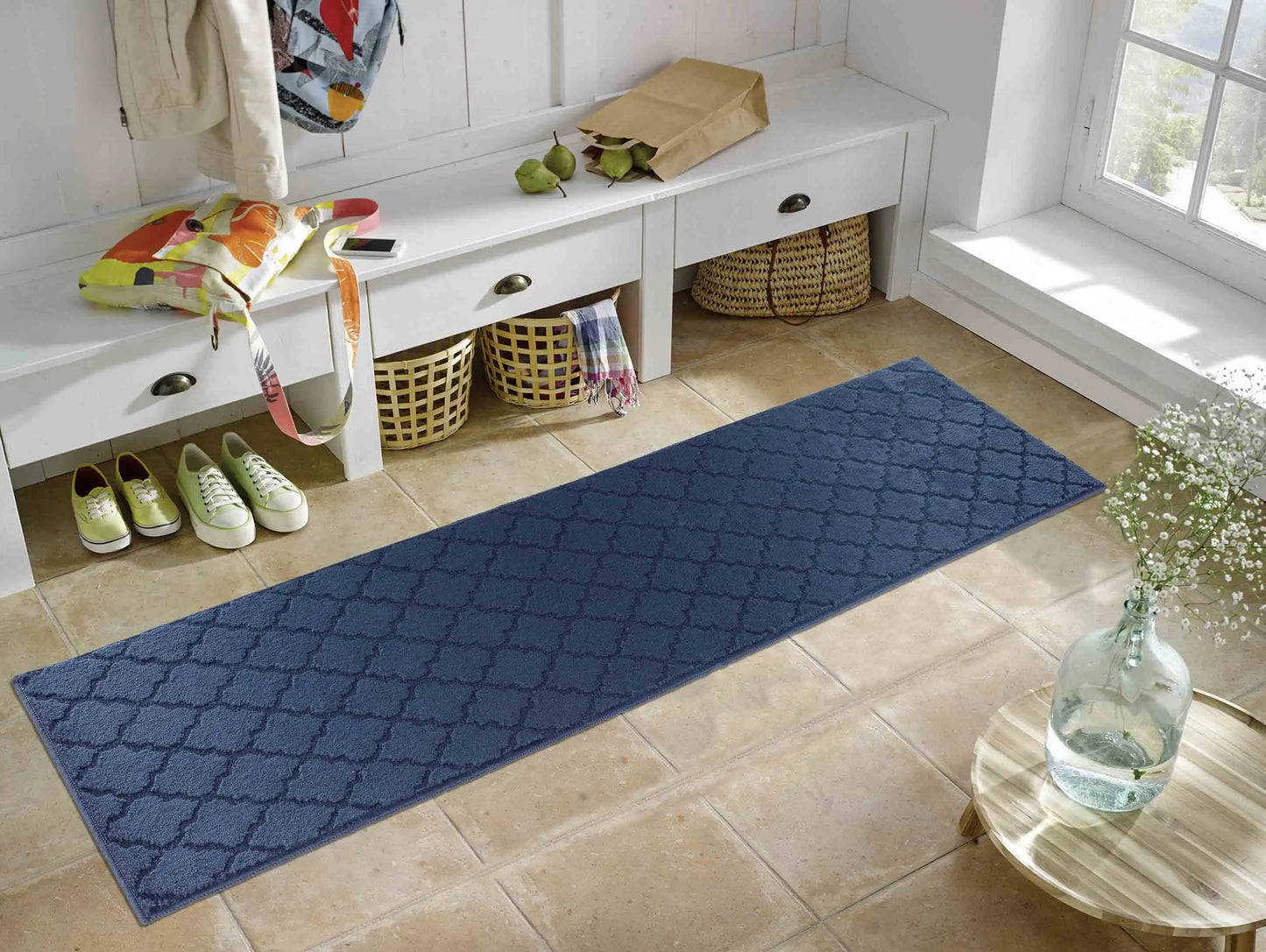 Washable 9mm Gel-Back Ivy Trellis Navy Rug