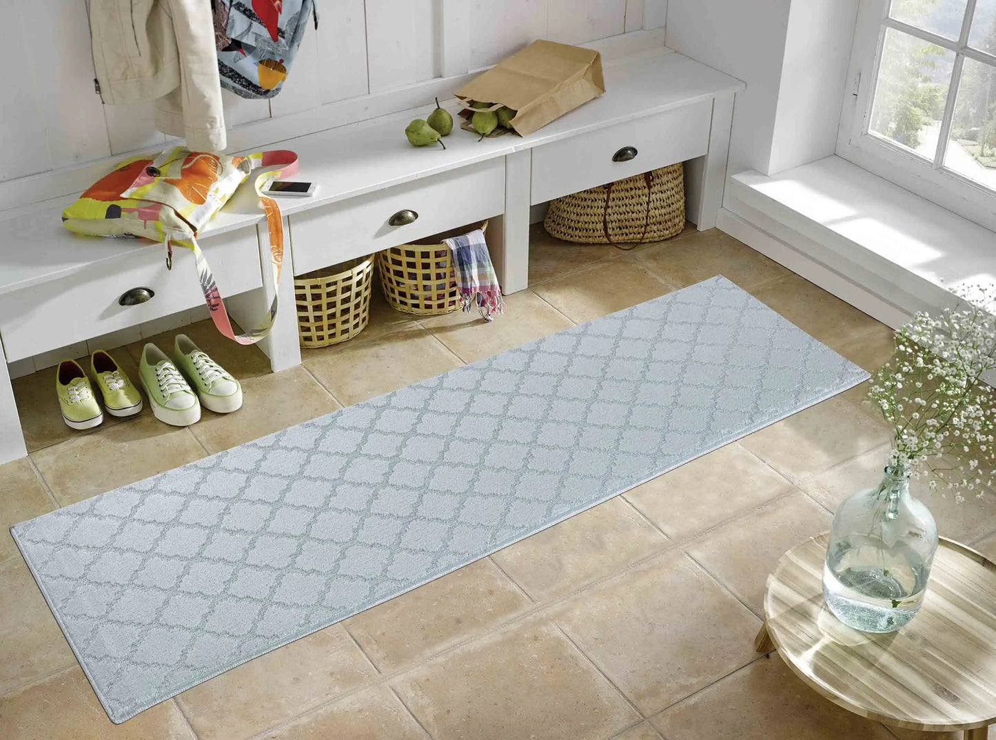 Washable 9mm Gel-Back Ivy Trellis Silver Rug