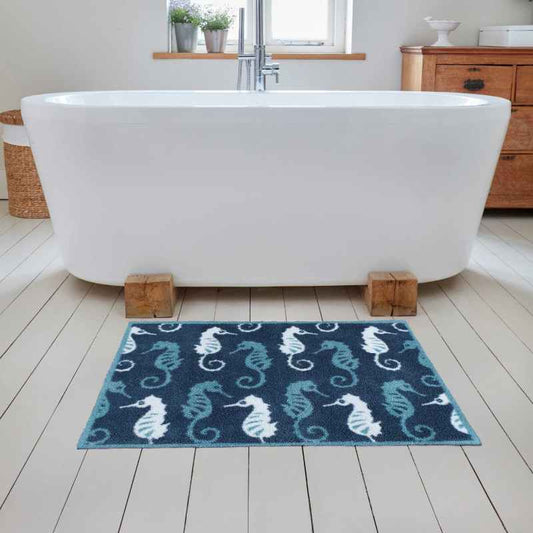 Bathroom Seahorse Washable Mats in Blue by Turtle Mat