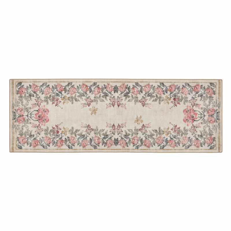 Botanical Border Eco Washable Modern Runner Rugs by Hug Rug in Pink
