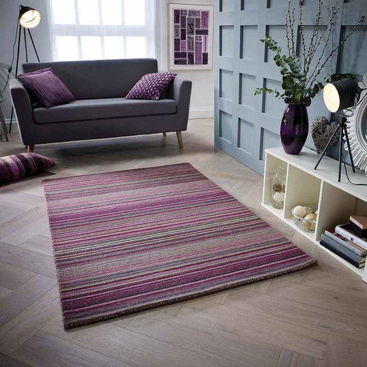 Carter Modern Stripe Wool Rugs in Berry Purple