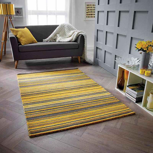 Carter Modern Stripe Wool Rugs in Ochre Yellow