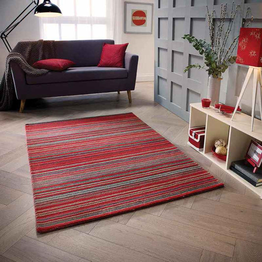 Carter Modern Stripe Wool Rugs in Red