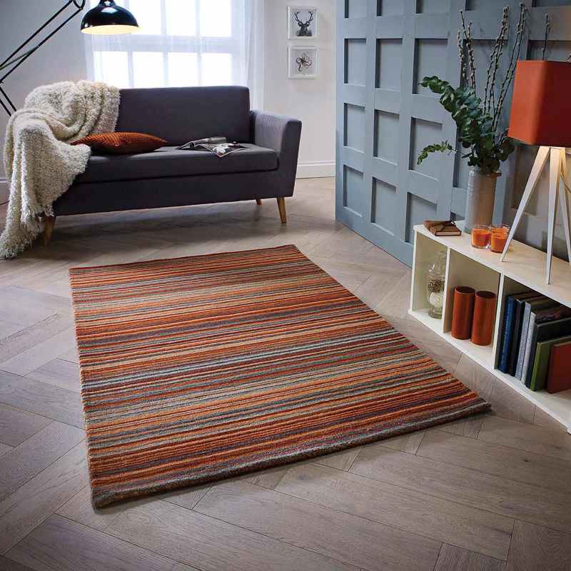 Carter Modern Stripe Wool Rugs in Rust Orange – The Rug Seller