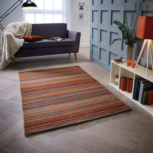 Carter Modern Stripe Wool Rugs in Rust Orange