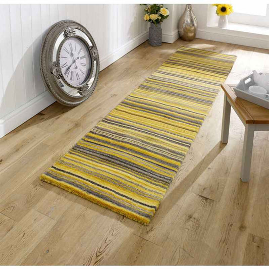 Carter Modern Stripe Hallway Runner Rugs in Ochre Yellow