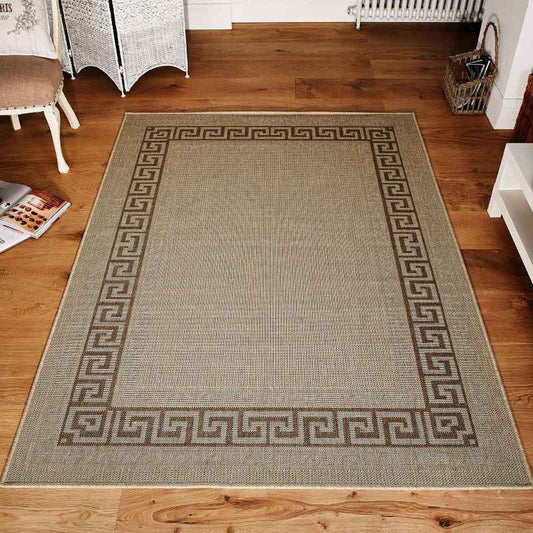Greek Key Flatweave Anti Slip Rugs in Beige