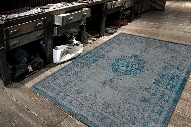 Louis de Poortere fading world grey turquoise Blue, Grey Living Room Flat Weave Rug.