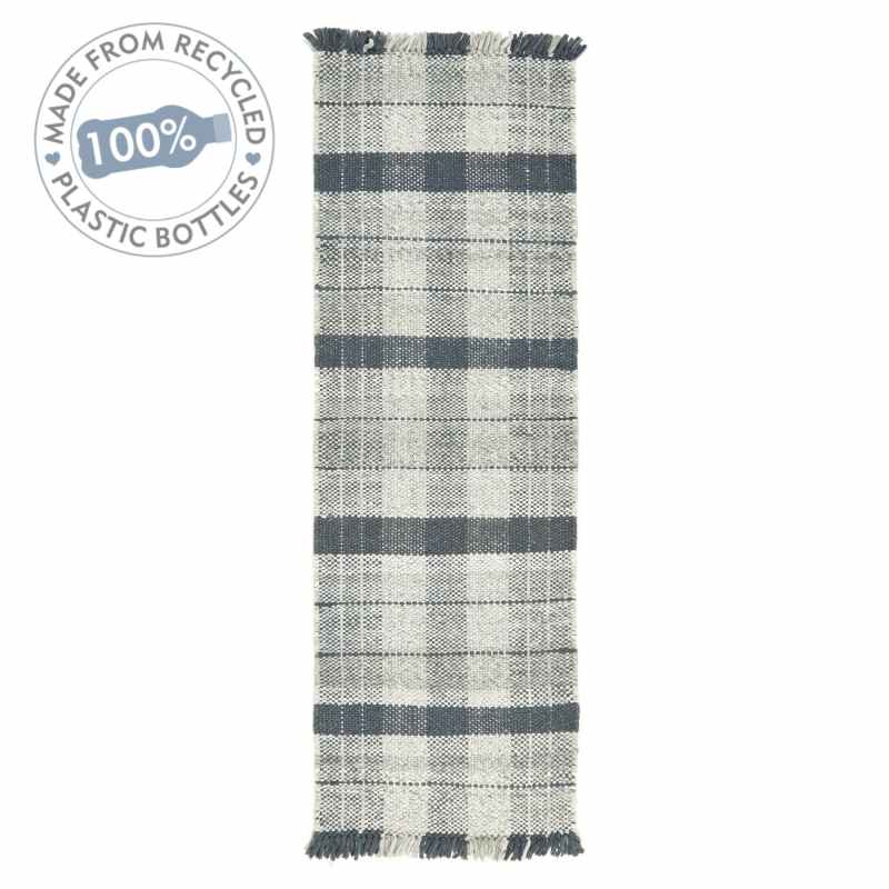 Highland Check Tartan Recycled Runner Rugs in Navy Blue