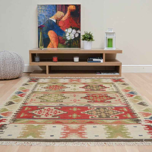 Hippie Kelim 04 Traditional Tribal Cream Green Multi Wool Rugs