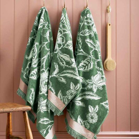 Juliette Floral Cotton Velour Towels by Joules in Green