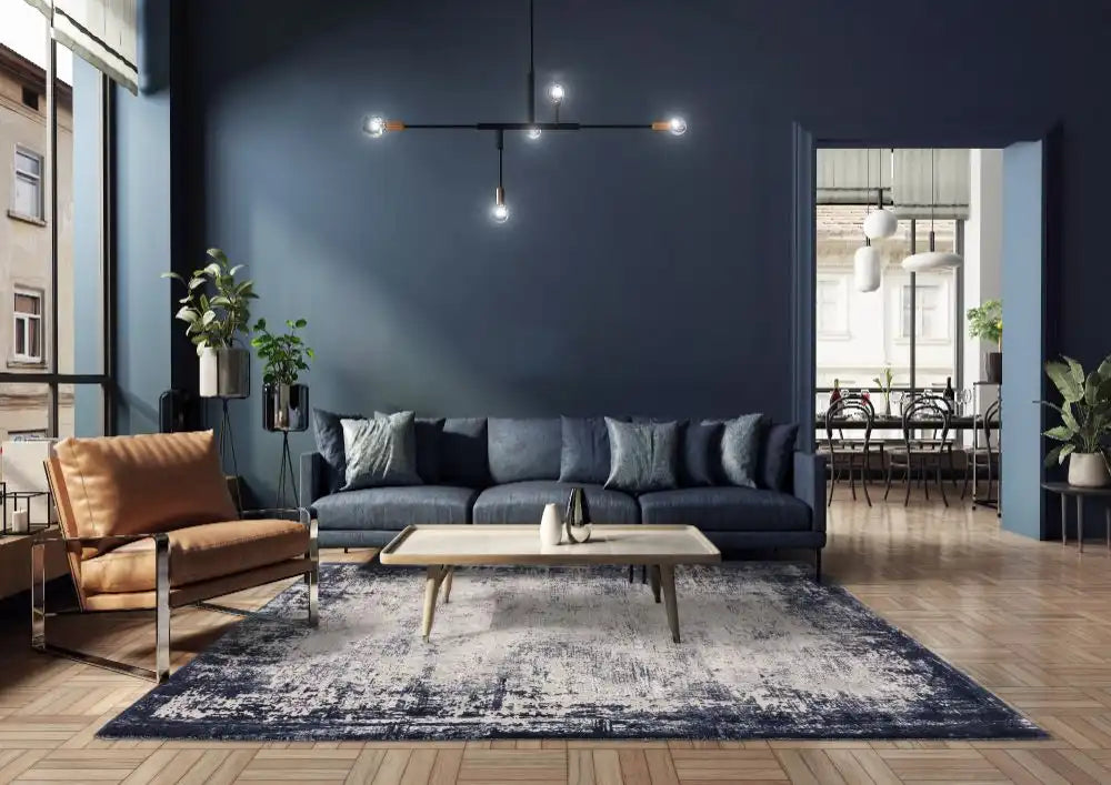 Asiatic kuza border navy Blue, Navy Living Room  Rug.