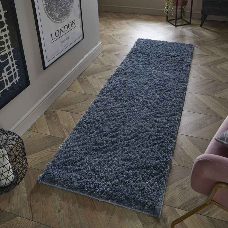 Larissa Washable Plain Shaggy Runner Rug in Blue