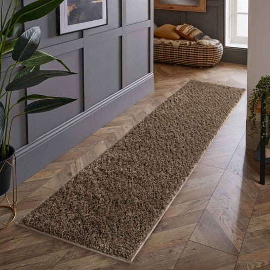 Larissa Washable Plain Shaggy Runner Rug in Chocolate Brown