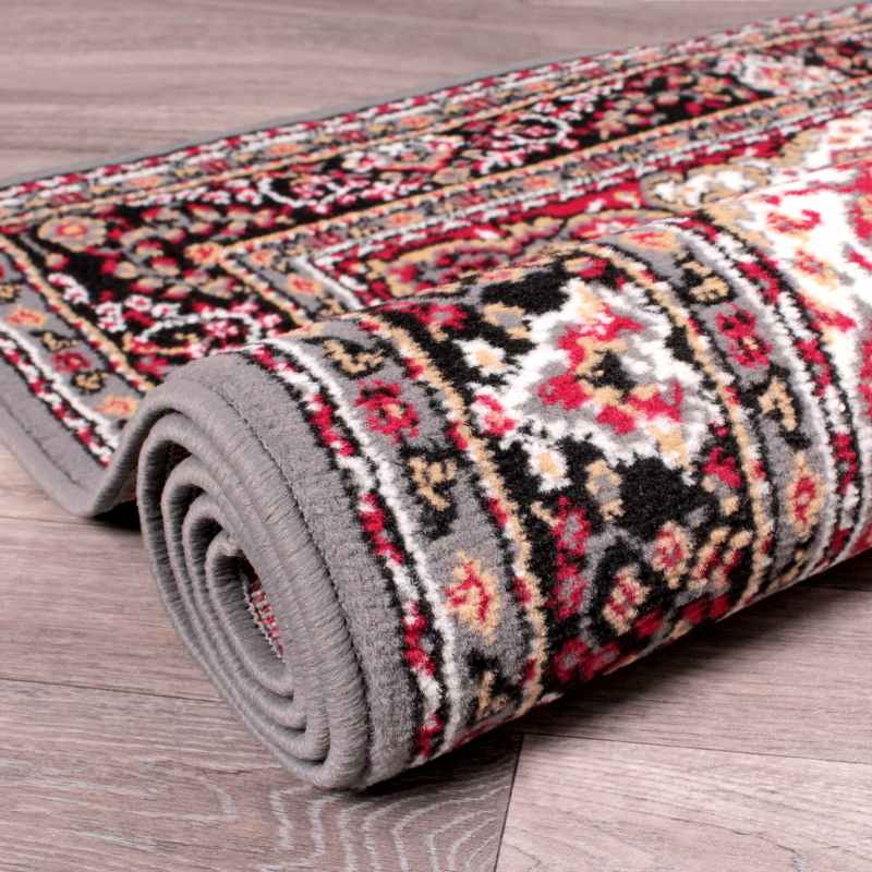 Traditional Poly Lancashire Medallion Border Runner Rugs in Grey