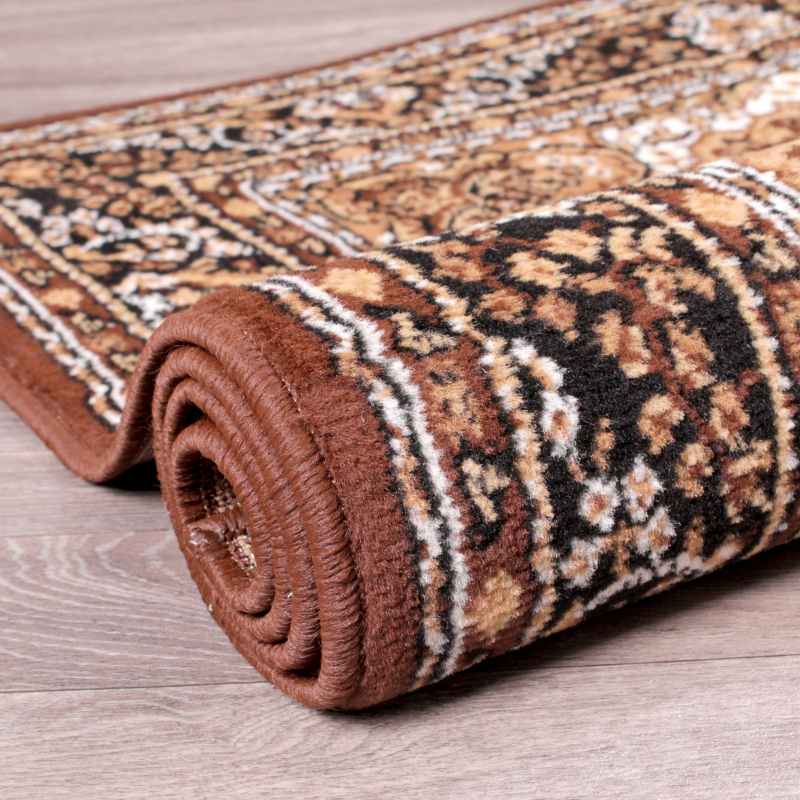Traditional Poly Lancashire Medallion Border Runner Rugs in Chocolate Brown