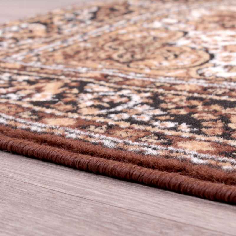 Traditional Poly Lancashire Medallion Border Runner Rugs in Chocolate Brown