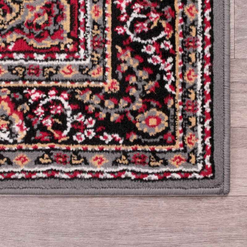 Traditional Poly Lancashire Medallion Border Runner Rugs in Grey