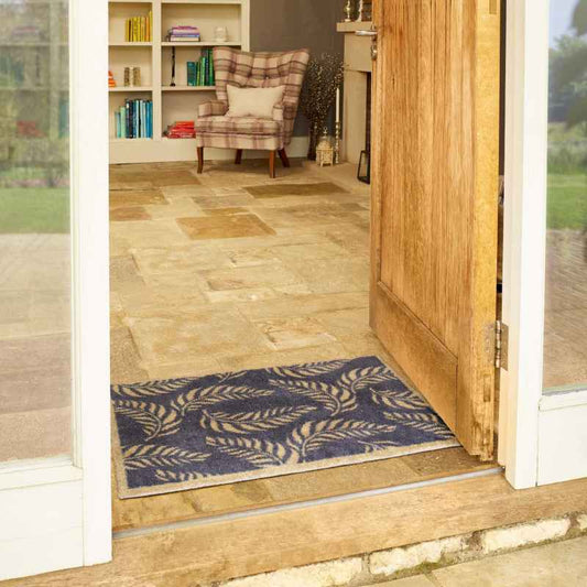 Leaf Scroll Washable Doormat in Blue