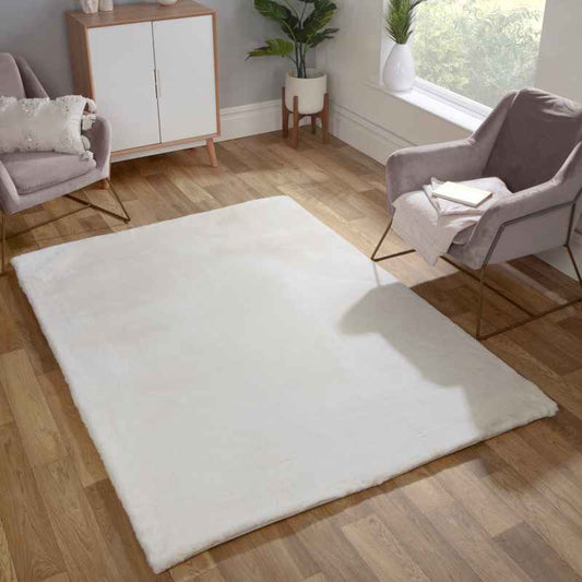 Luxe Faux Fur Modern Plain Rug in Ivory White