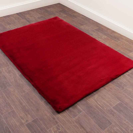 Luxe Faux Fur Modern Plain Rug in Red