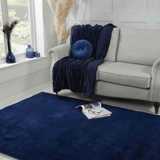 Luxe Faux Fur Modern Plain Rug in Navy Blue