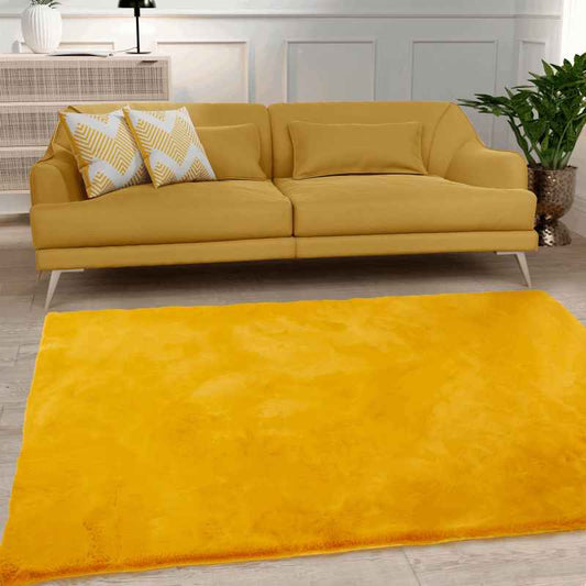 Luxe Faux Fur Modern Plain Rug in Ochre Yellow