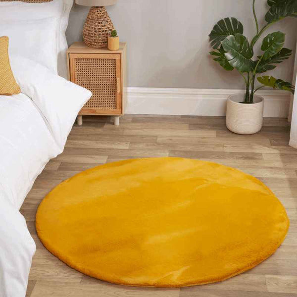 Luxe Faux Fur Modern Plain Circle Rug in Ochre Yellow – The Rug Seller
