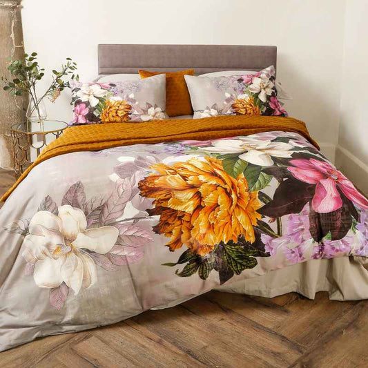 Magnolia Floral Bedding Duvet Cover and Pillowcase in Grey