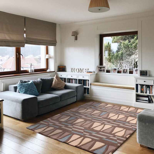 Fusion Midori Geometric Wool Rugs in Brown & Blue