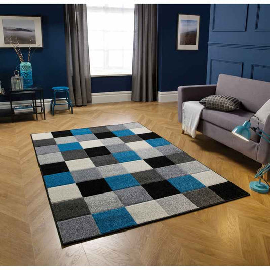 Portland Geometric Grid Block Rugs 1923 Q in Blue Grey Cream