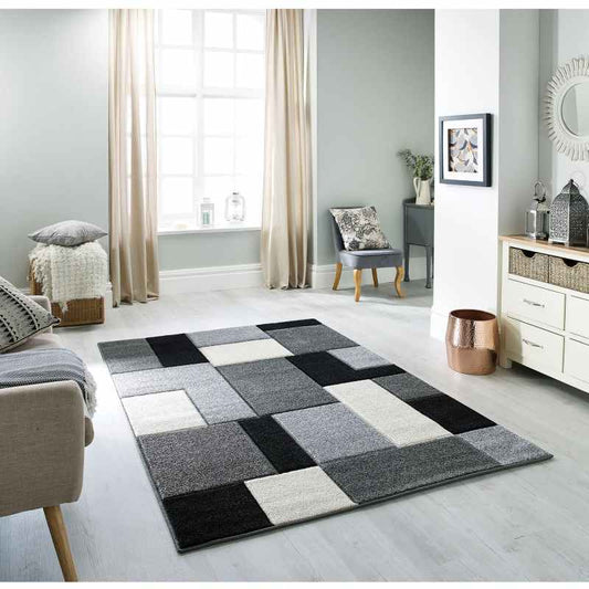 Portland Geometric Grid Block Rugs 8425 B in Grey