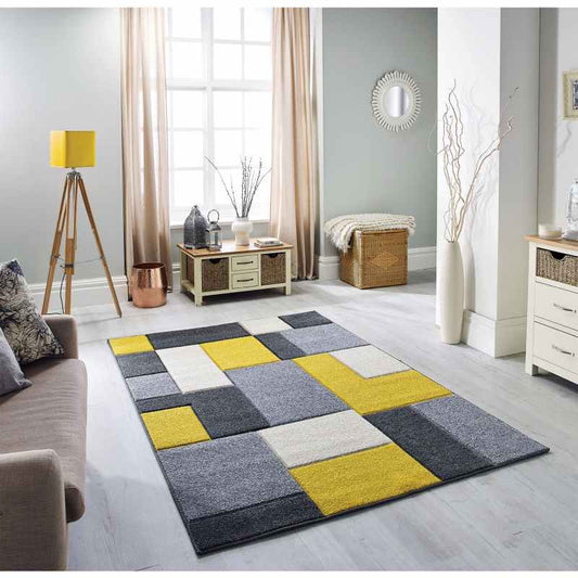 Portland Geometric Grid Block Rugs 8425 I in Grey Yellow Cream