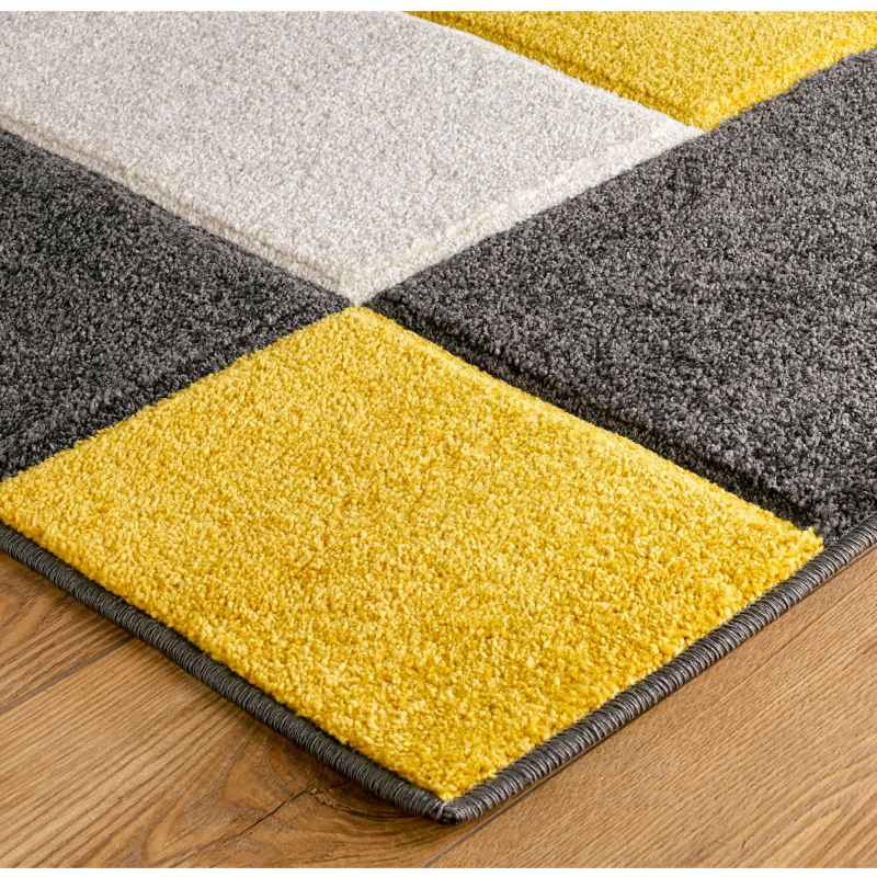 Portland Geometric Grid Block Rugs 8425 I in Grey Yellow Cream