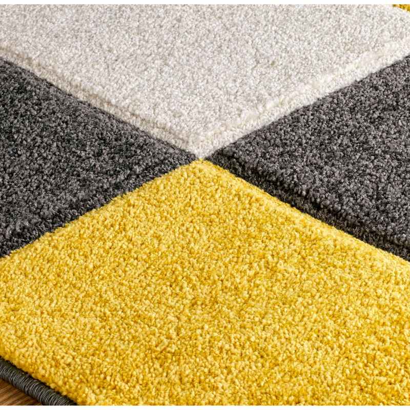 Portland Geometric Grid Block Rugs 8425 I in Grey Yellow Cream