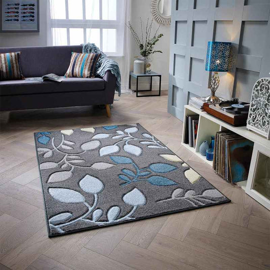 Portland 1096 E Carved Leaf Rugs in Grey Blue
