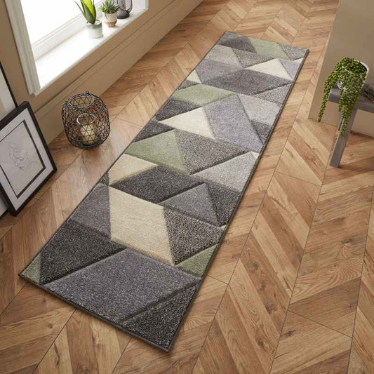 Portland 670 V Geometric Runner Rugs in Green Grey Cream