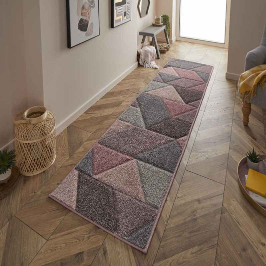 Portland 670 P Geometric Runner Rugs in Pink Grey Cream