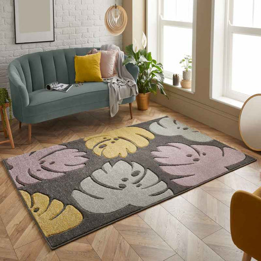 Portland 7155 D Carved Leaf Rugs in Grey Multi