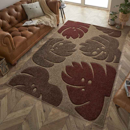 Portland 7155 Q Carved Leaf Rugs in Terracotta Beige Cream