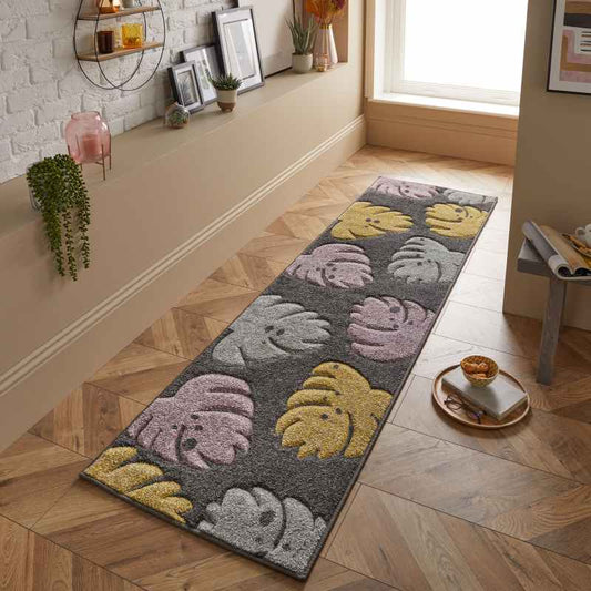Portland 7155 D Carved Leaf Runner Rugs in Grey Yellow Green Pink