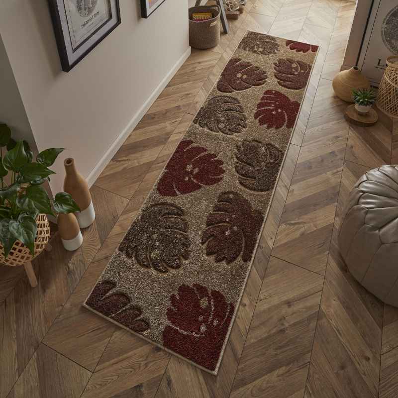 Portland 7155 Q Carved Leaf Runner Rugs in Terracotta Beige