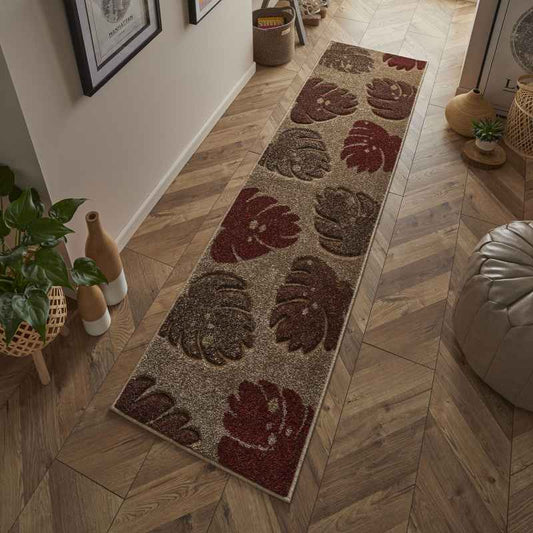 Portland 7155 Q Carved Leaf Runner Rugs in Terracotta Beige