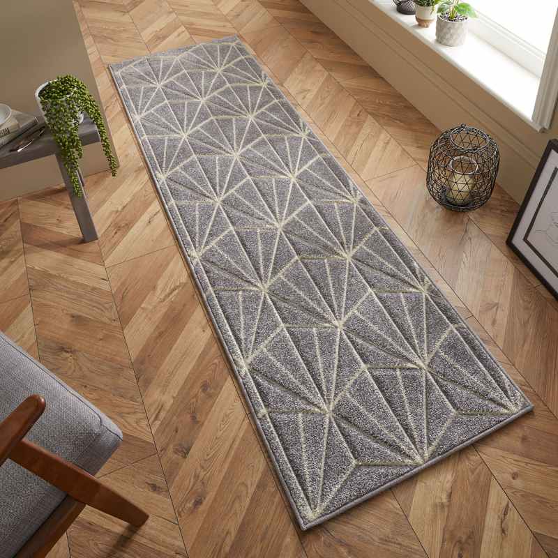 Portland 750 N Geometric Carved Runner Rugs in Grey Cream