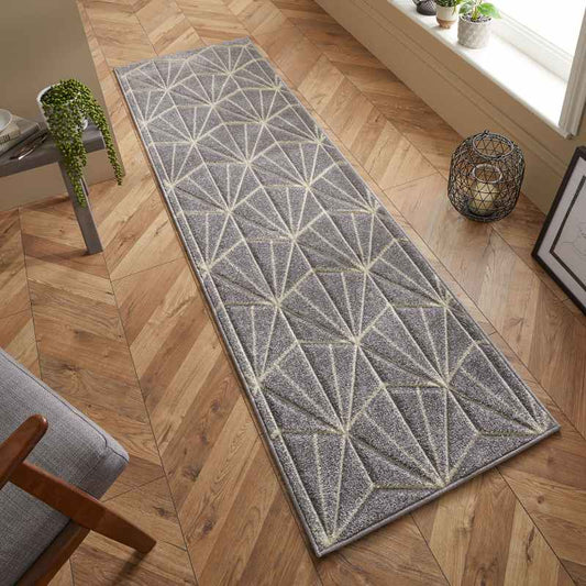 Portland 750 N Geometric Carved Runner Rugs in Grey Cream