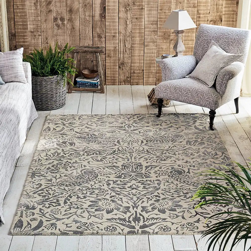 Morris & Co strawberry thief pure ink 028105 Ivory, Multicoloured Living Room Floral Rug.