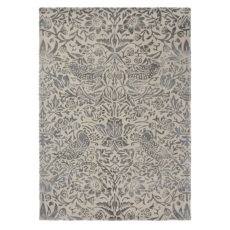 Morris & Co strawberry thief pure ink 028105 Ivory, Multicoloured Living Room Floral Rug.