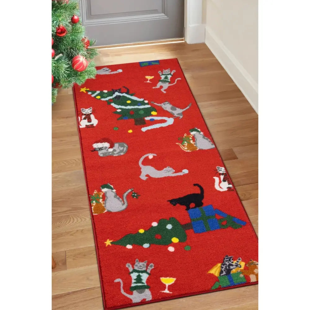 Seasonal Runners Multi Cats Red Washable RS